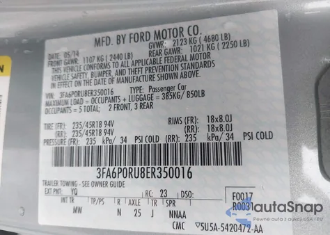 2014 Ford Fusion Hybrid Titanium from USA, damaged, VIN 3FA6P0RU8ER350016